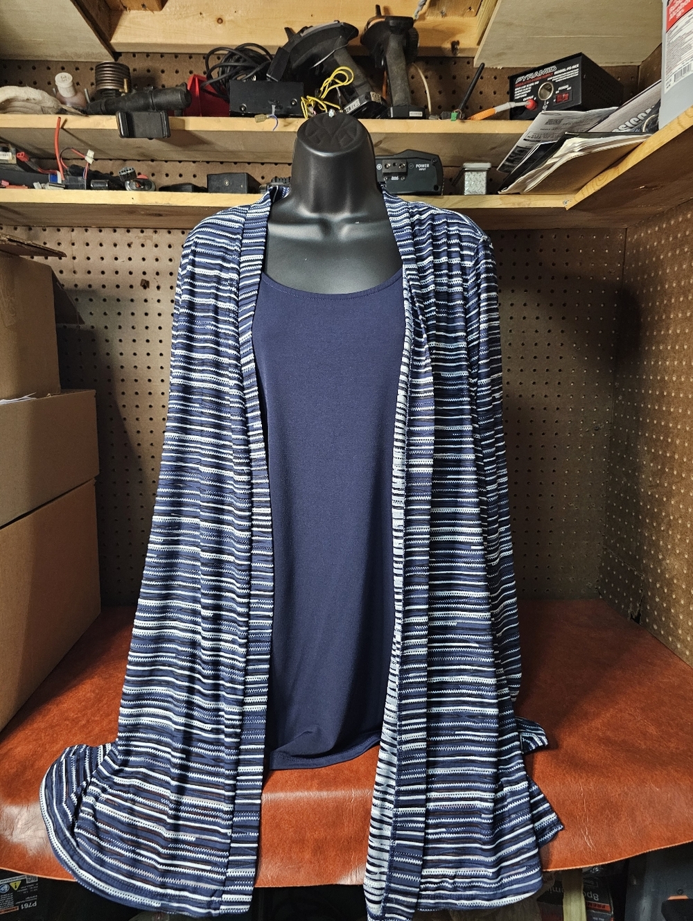 Susan Graver Printed Novelty Knit Cardigan & Tank Navy Blue Size 1X
